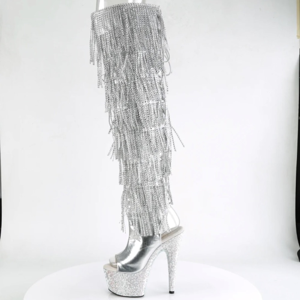 Pleaser shoes Bejeweled fringe thigh high exotic dancewear boots silver
